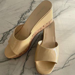 Prada Nude Vintage Slip On Patent Leather and Cork Wedge Sandals - GREAT COND.